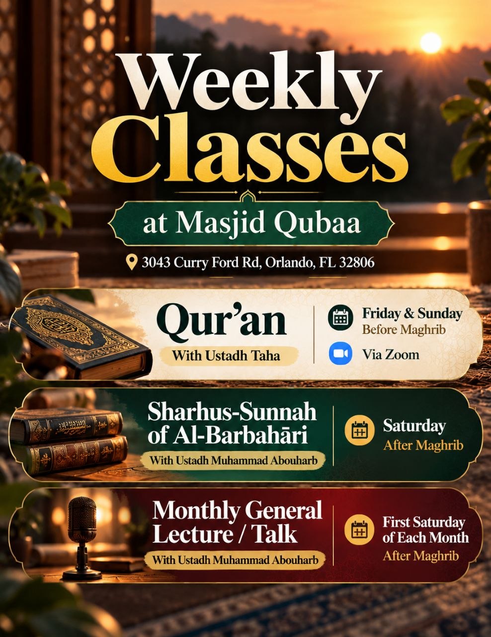 Weekly Classes at Masjid Qubaa flyer